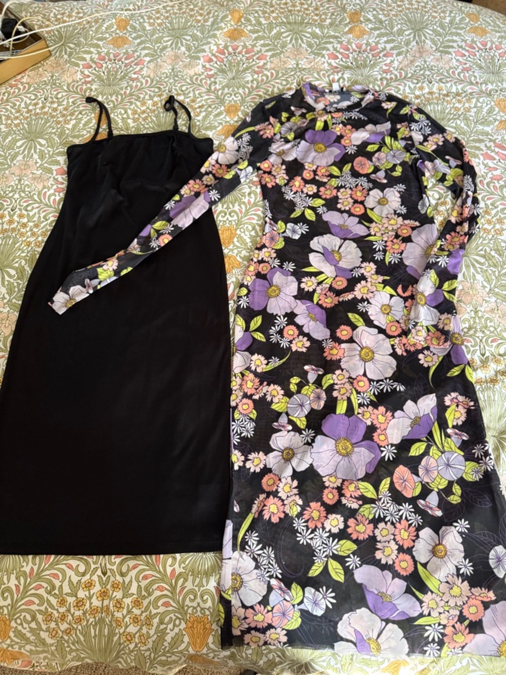 AFRM Black Floral Mesh Long-Sleeve Dress with Black Slip Dress Set